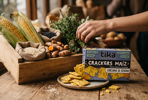 Tika Crackers Maíz Cúrcuma & Sésamo x 1 estuche (1 unidad) - Libre de Sellos, Sin Gluten, Vegano | Tika Chile 
