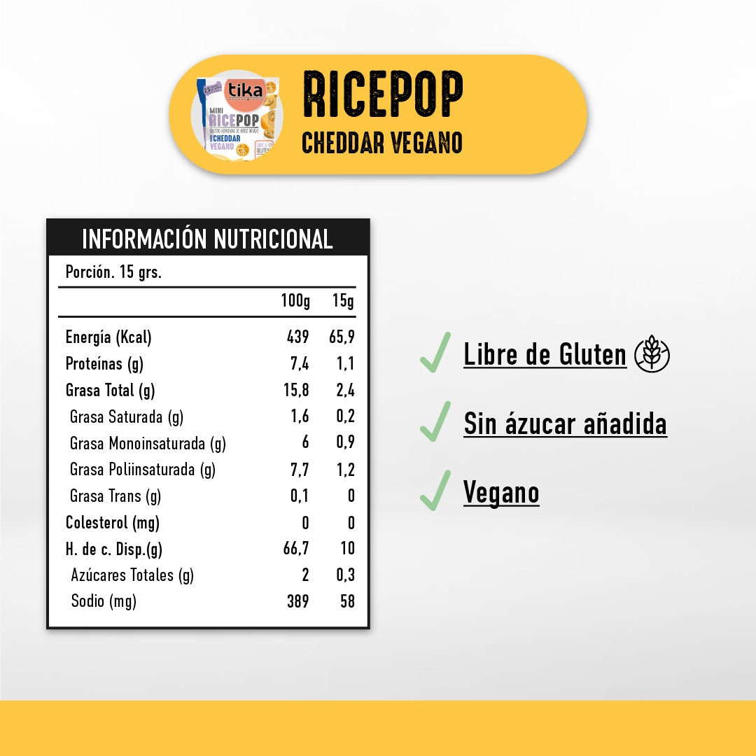 Tika Mini Rice Pop Cheddar Vegano 15g x 36 Colaciones