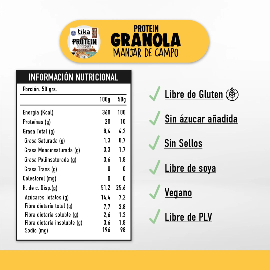 Pack 14 Tika Protein Granola Crunchy Manjar de Campo 250g