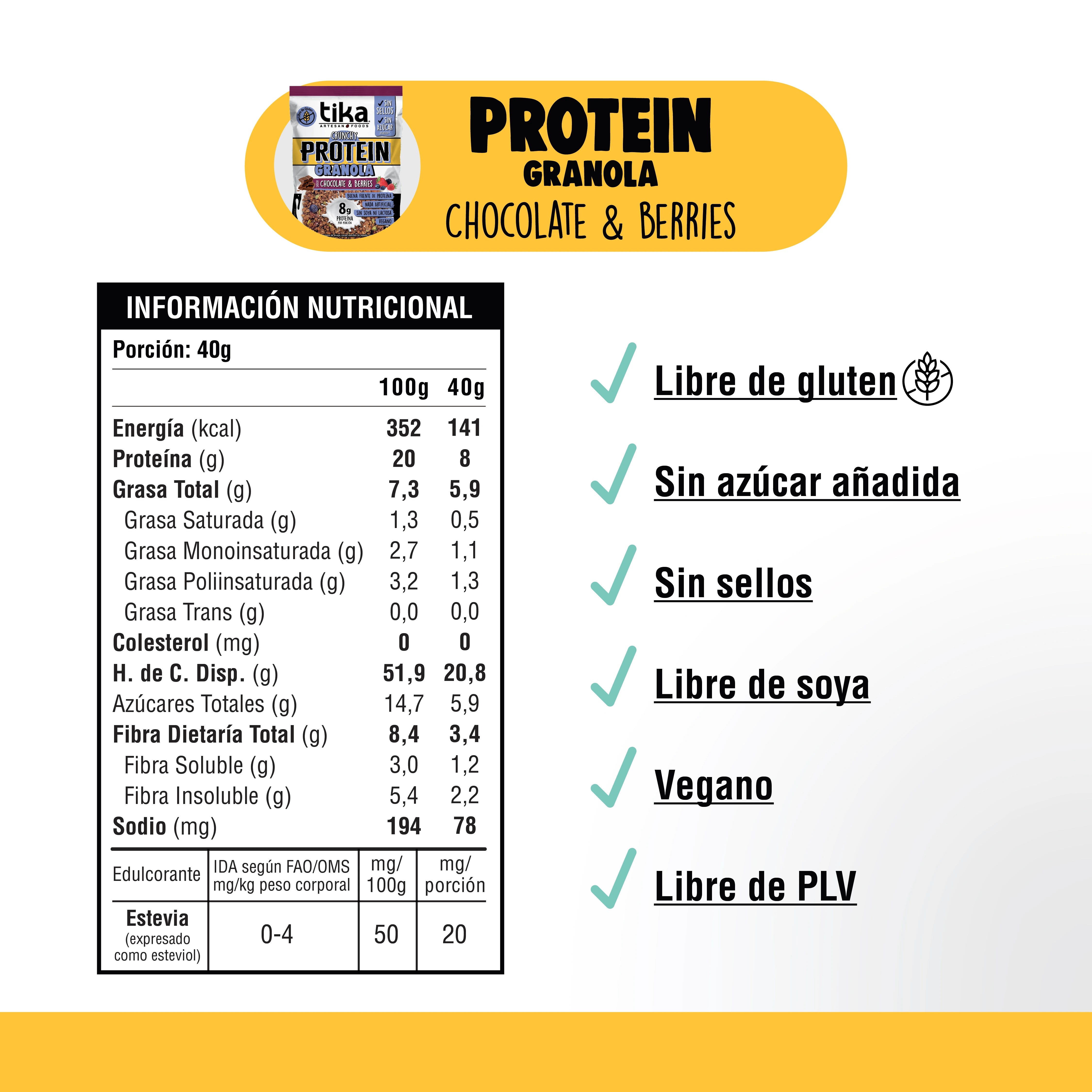 Pack Tika Protein Granola Crunchy Chocolate & Berries 40g - 18 Colaciones