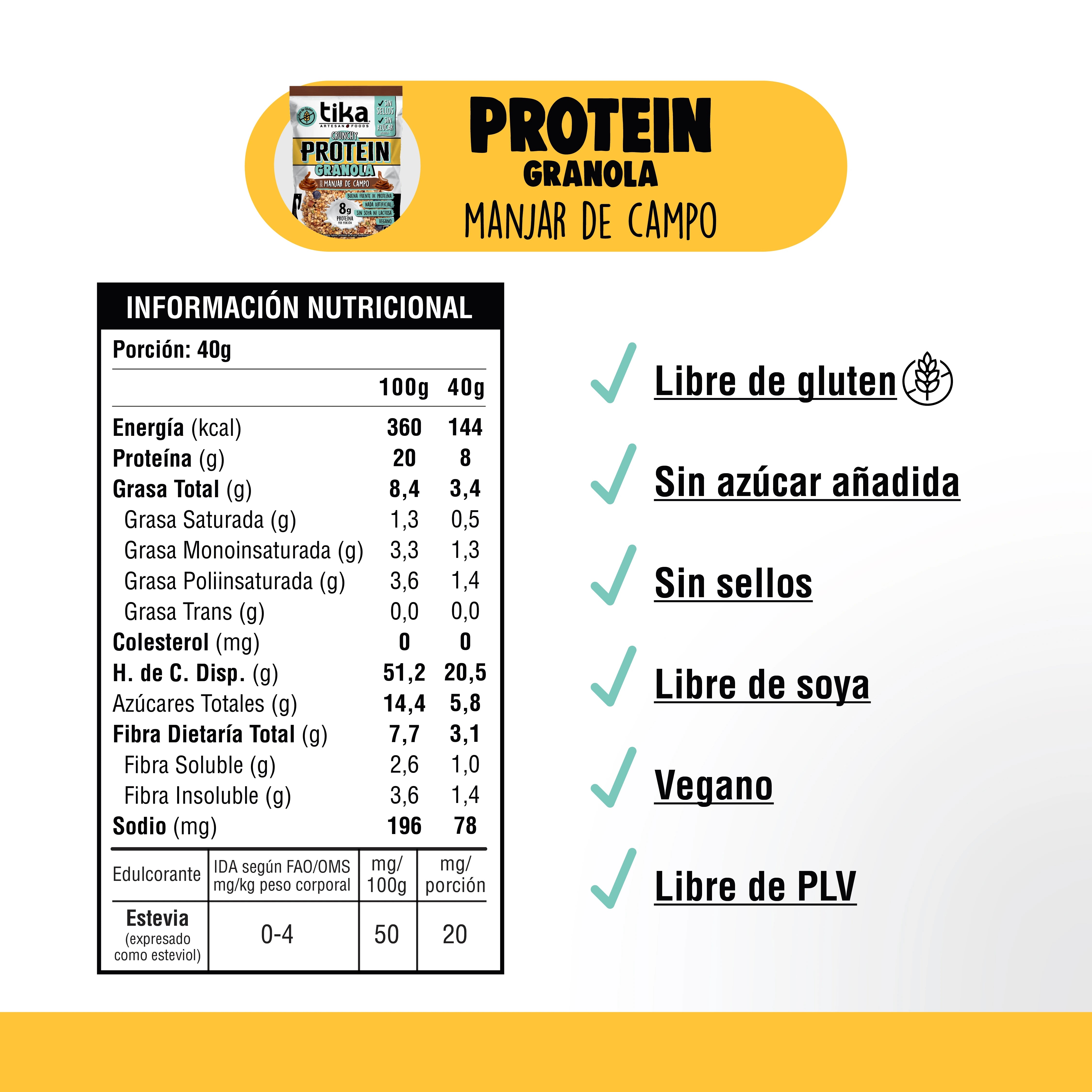 Pack Tika Protein Granola Crunchy Manjar de Campo 40g - 18 Colaciones