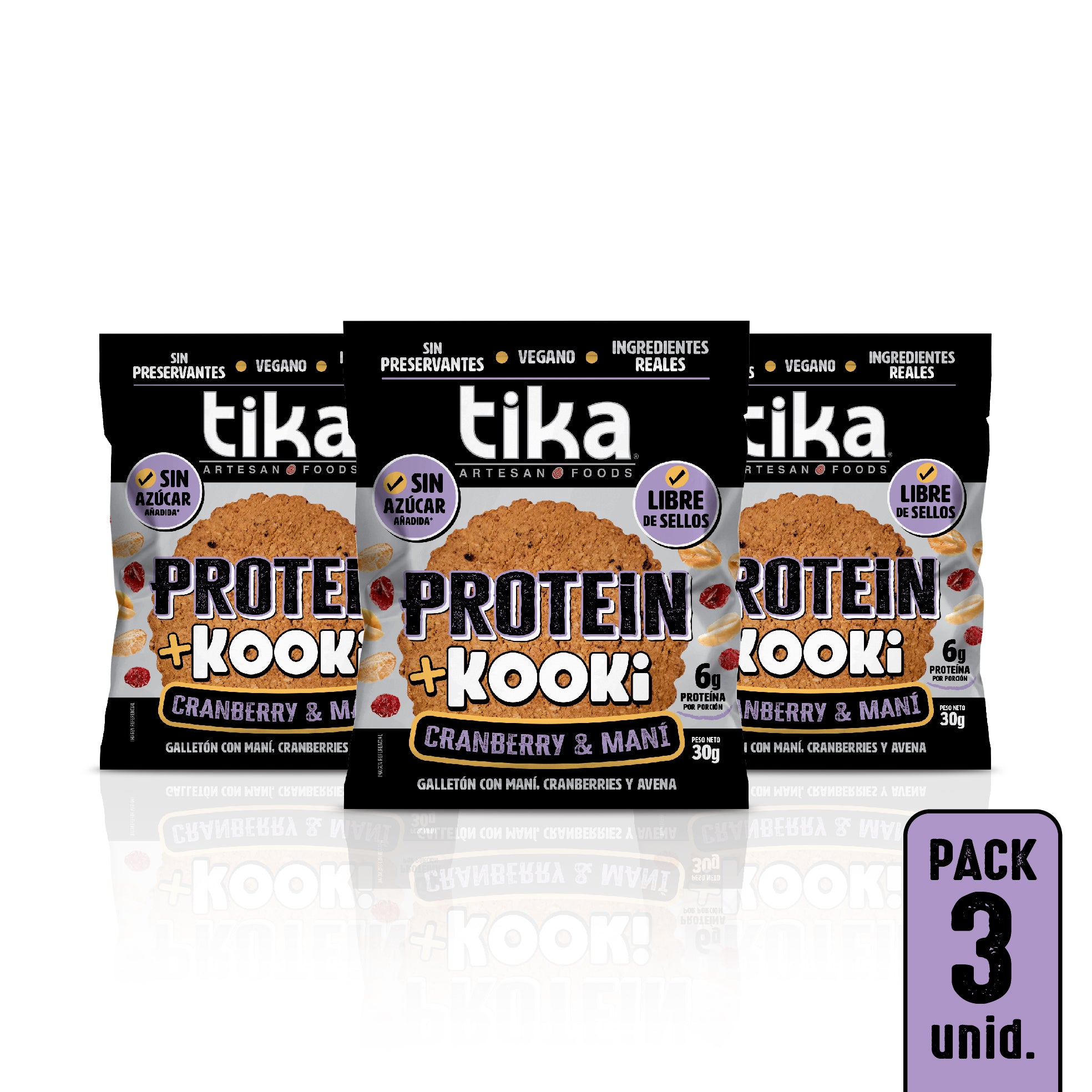 3 Galletones Tika Protein Kooki Cranberry & Maní 90g