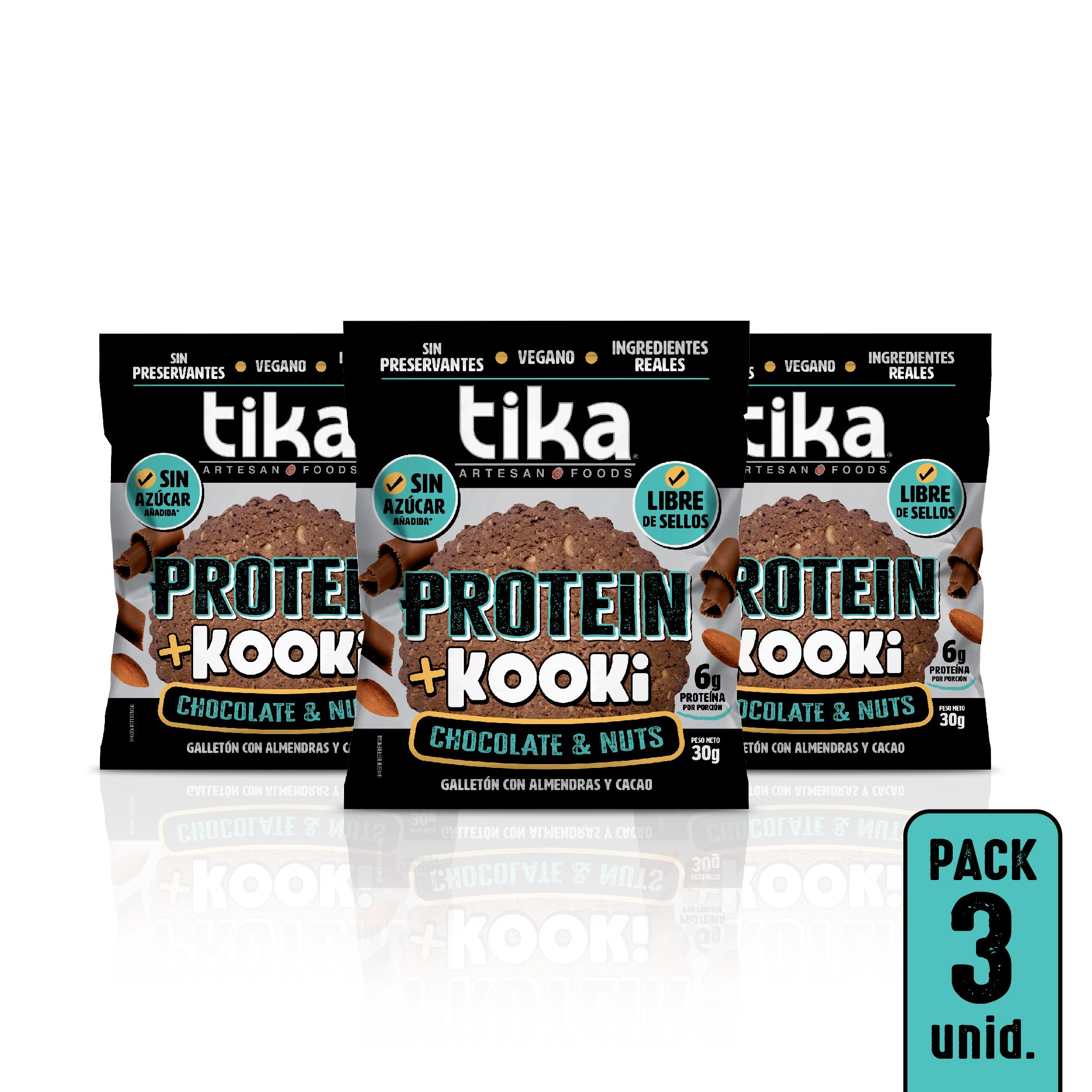 3 Galletones Tika Kooki Protein Chocolate & Nuts 90g