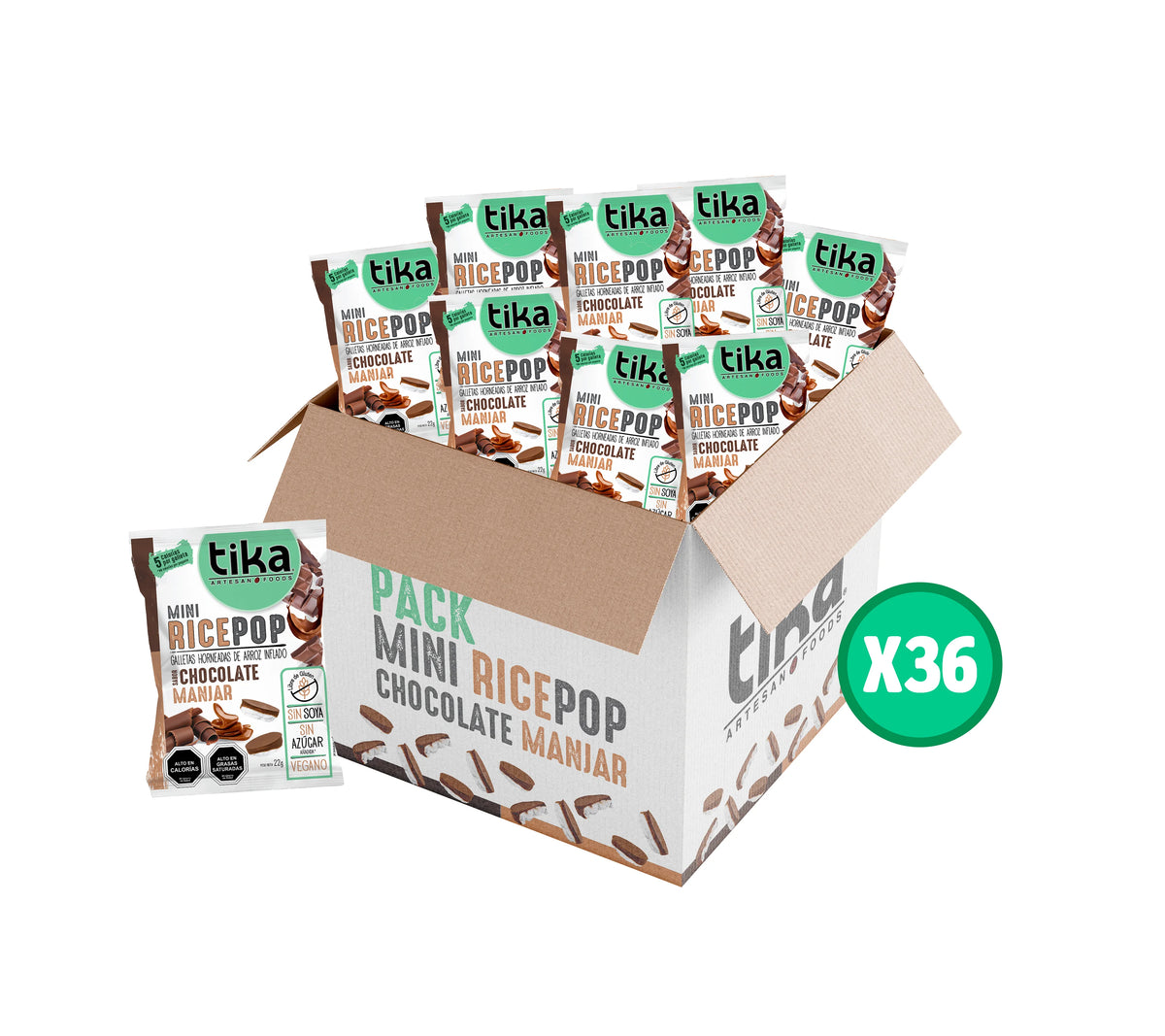 36 Galletas de Arroz Chocolate Manjar Tika Mini Rice Pop Colaciones 22g