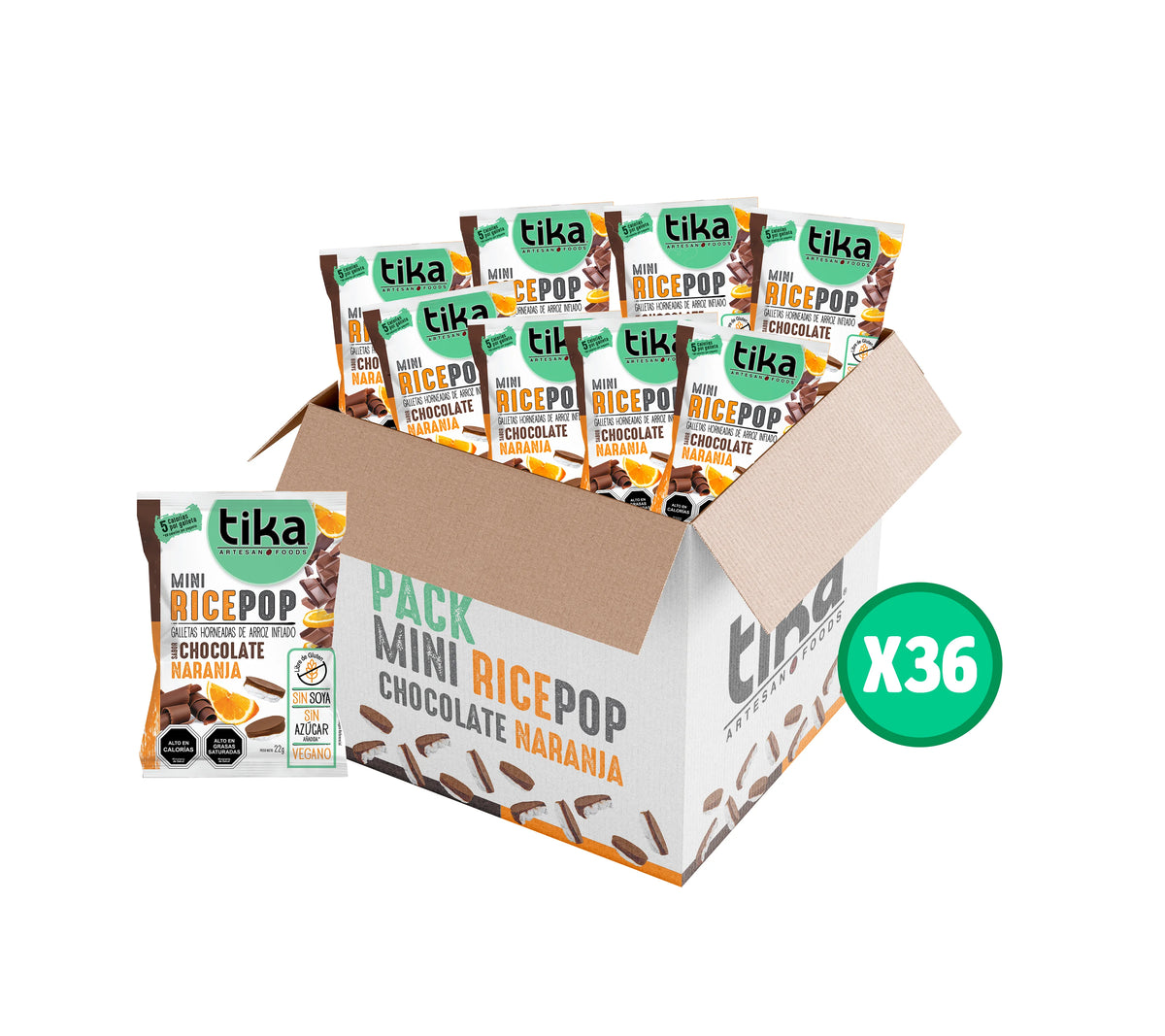 36 Galletas de Arroz Chocolate Naranja Tika Mini Rice Pop Colaciones 22g