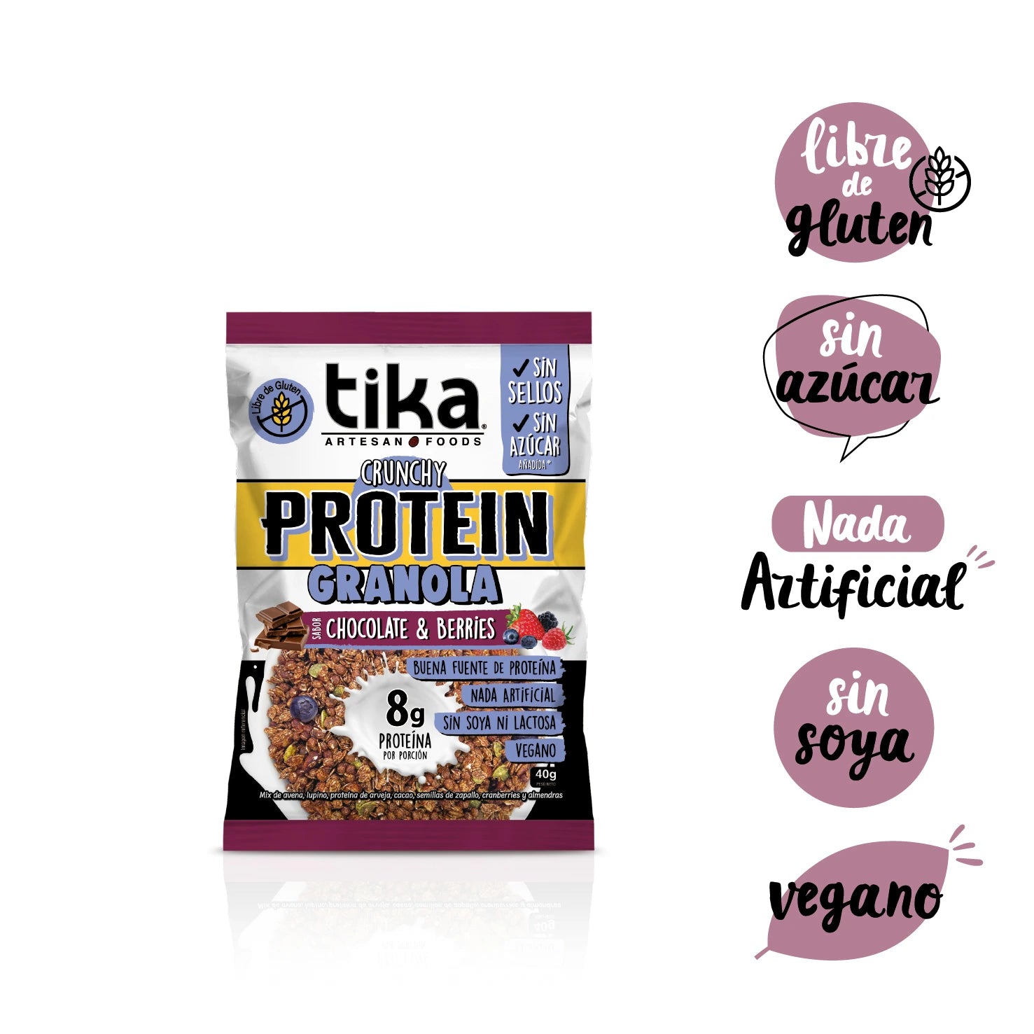 Pack Tika Protein Granola Crunchy Chocolate & Berries 40g - 18 Colaciones