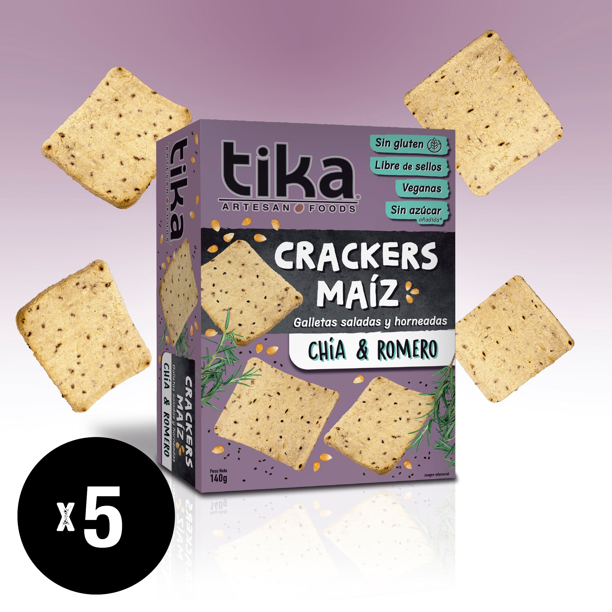 Tika Crackers Chía & Romero 140g x 5 unidades