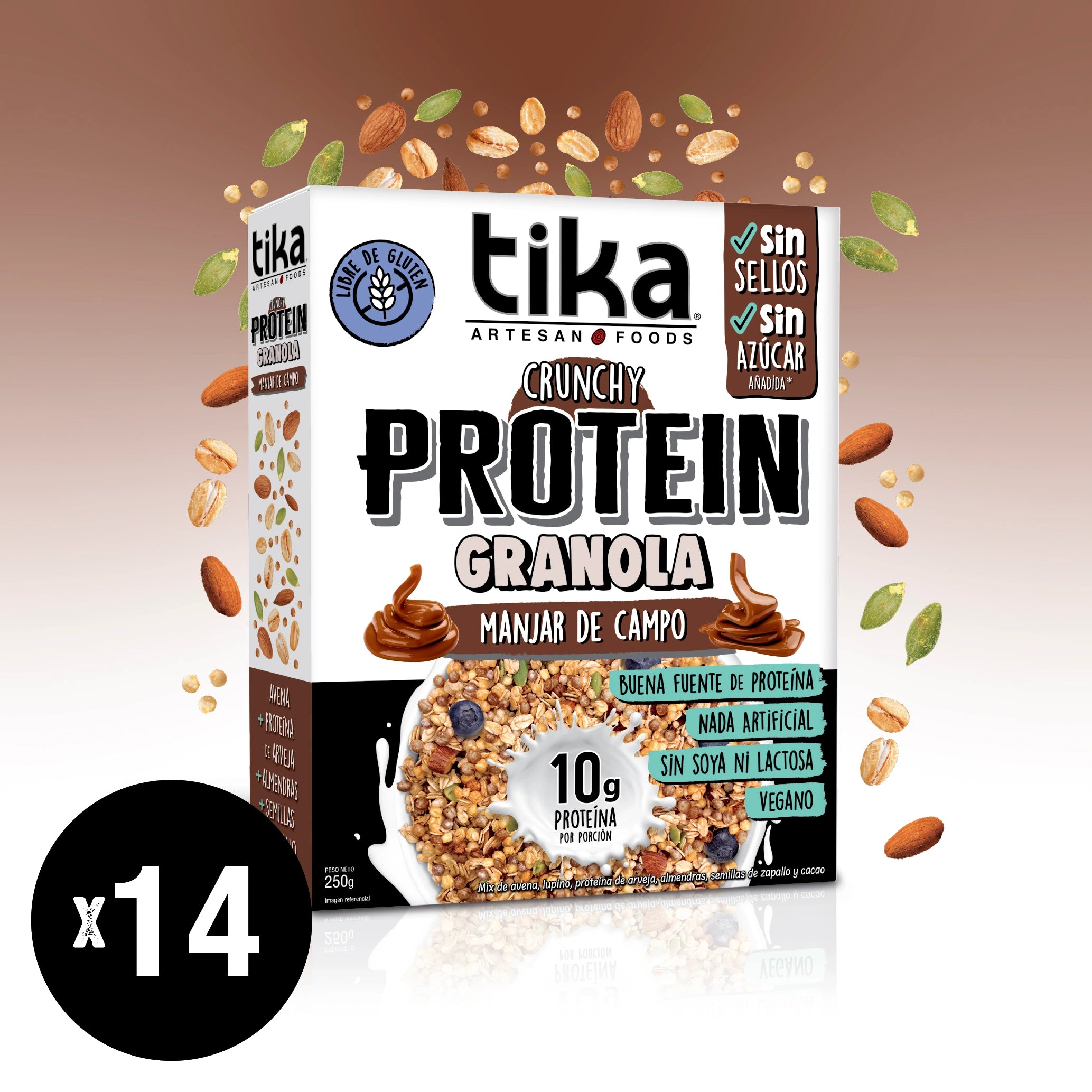 Pack 14 Tika Protein Granola Crunchy Manjar de Campo 250g