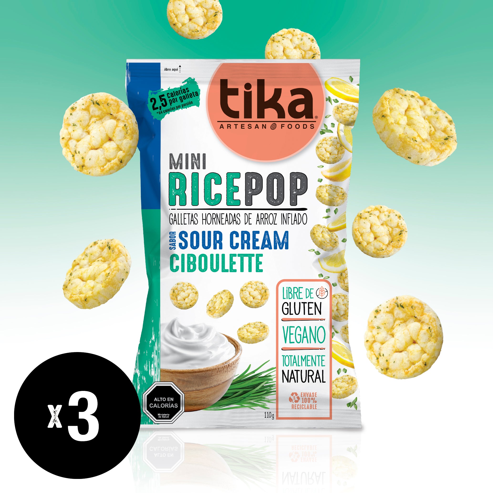 Tika Mini Rice Pop Sour Cream Ciboulette 110g x 3 unidades