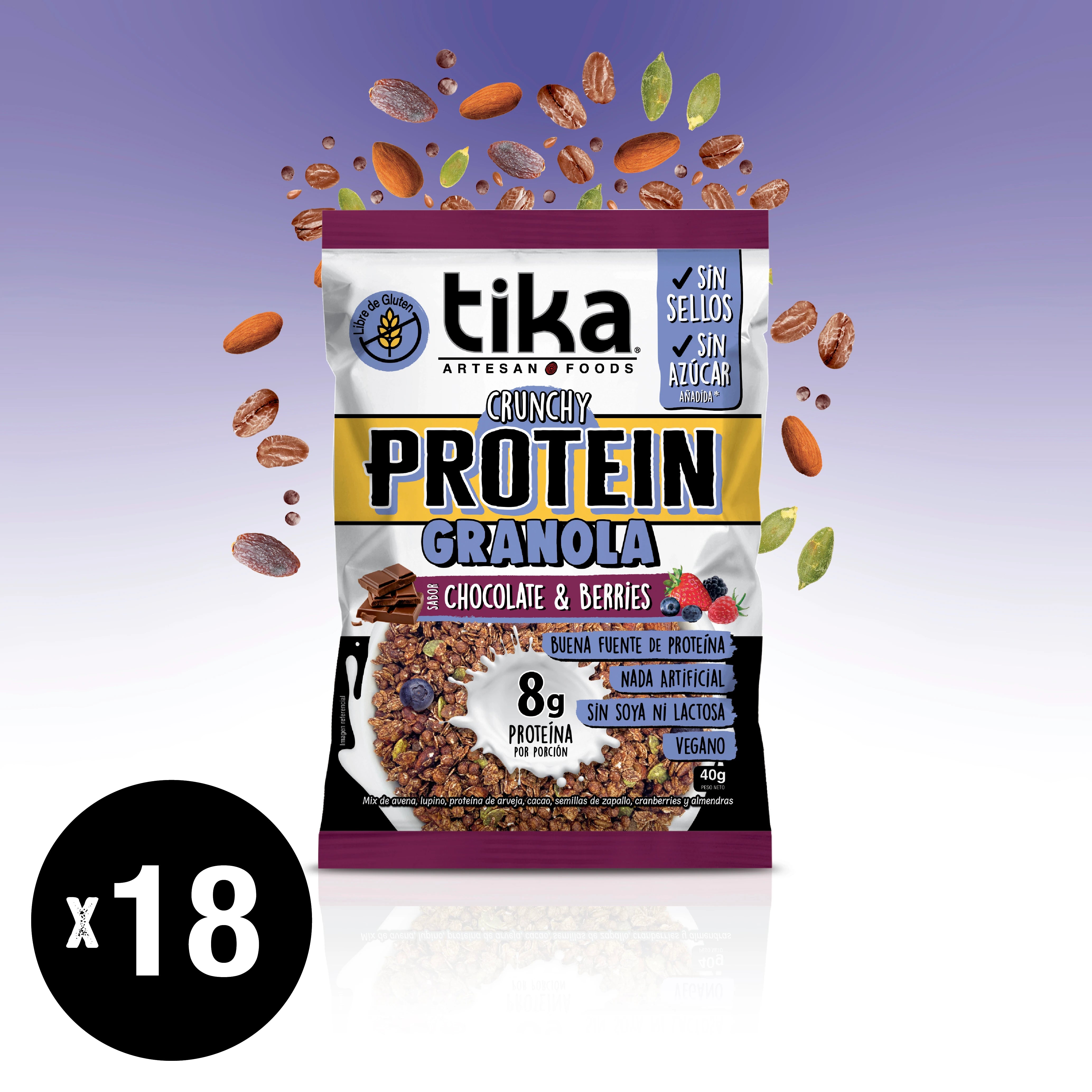 Pack Tika Protein Granola Crunchy Chocolate & Berries 40g - 18 Colaciones