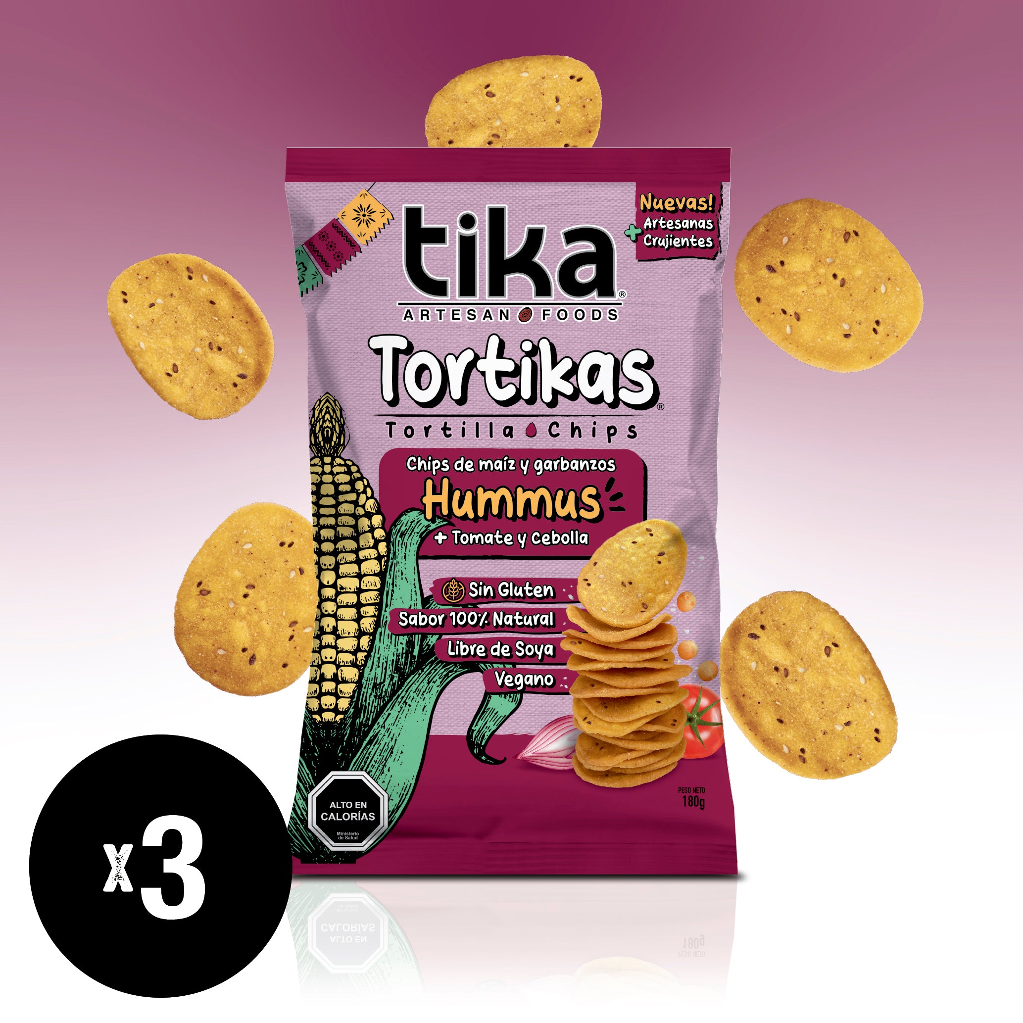 Tika Tortika Hummus & Tomate y Cebolla 180g x 3 unidades