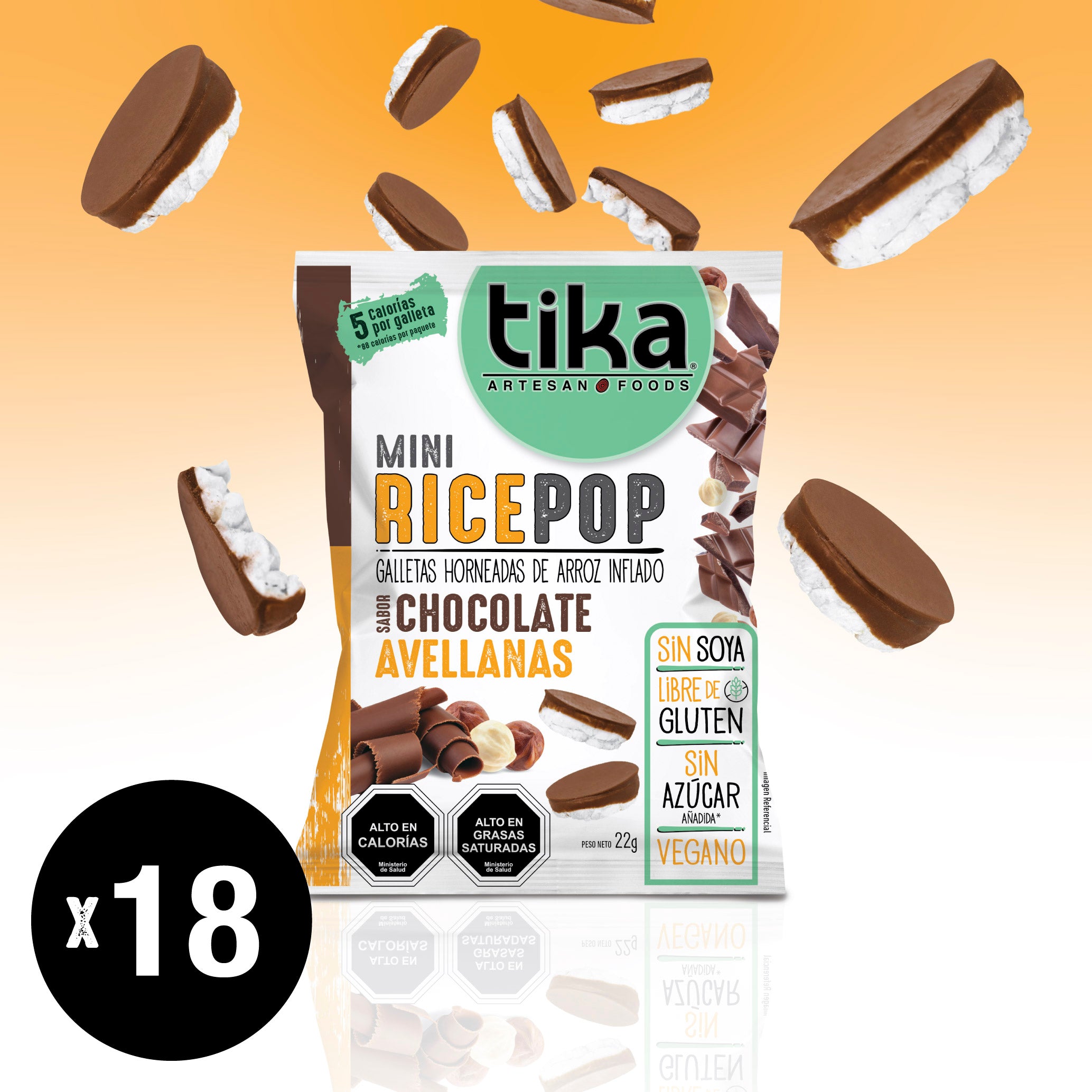 Tika Mini Rice Pop Chocolate Avellanas 22g x 18 Colaciones