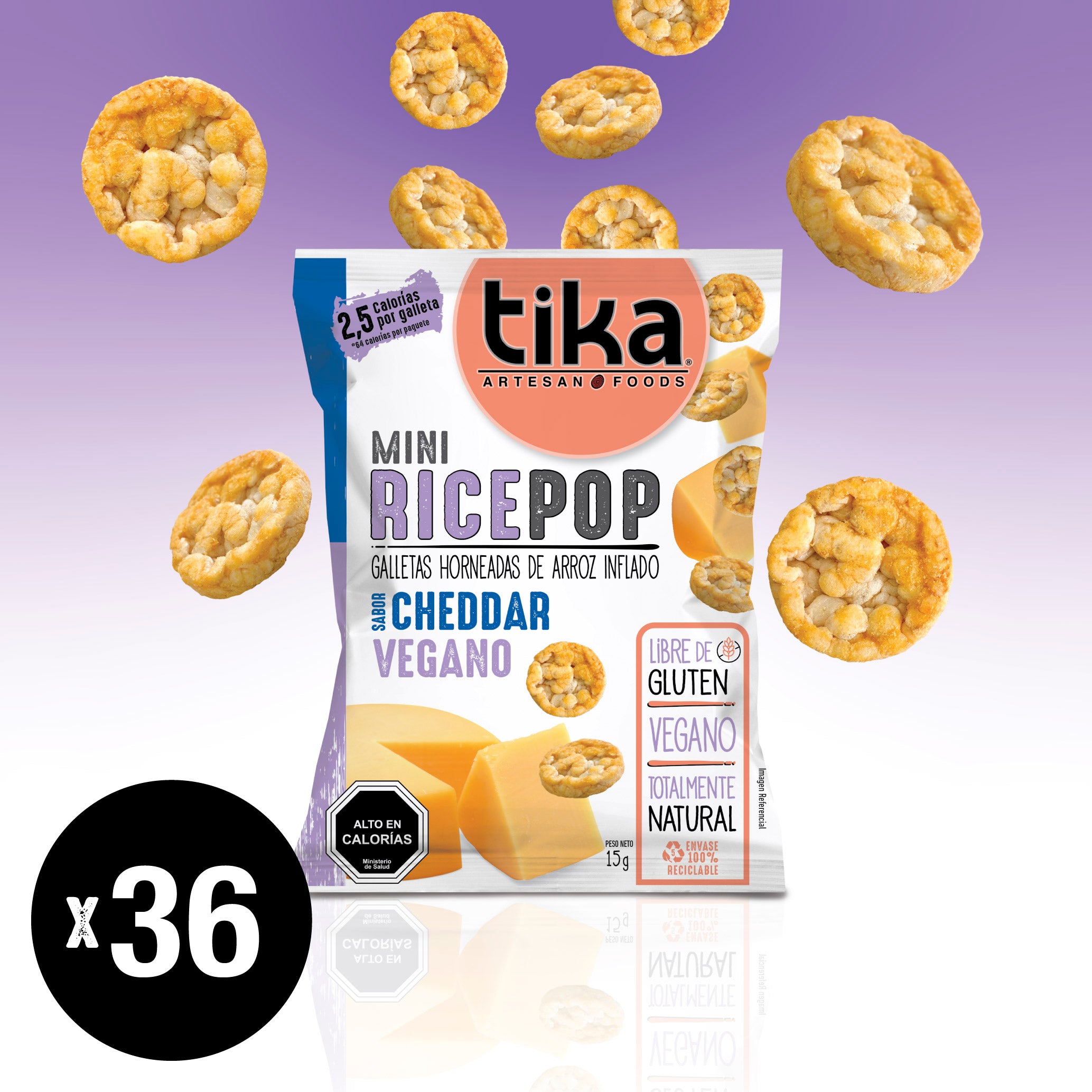 Tika Mini Rice Pop Cheddar Vegano 15g x 36 Colaciones