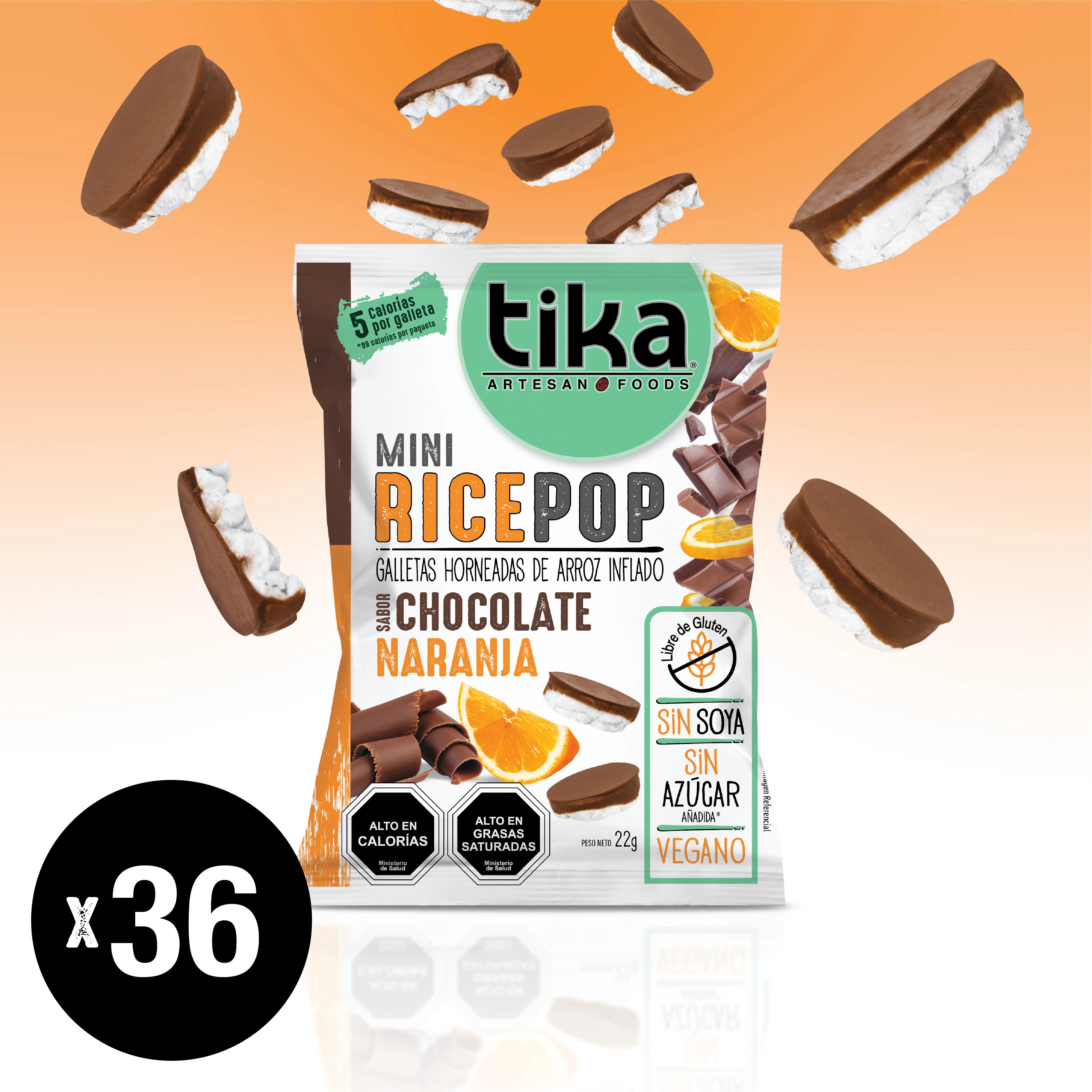Tika Mini Rice Pop Chocolate Naranja 22g x 36 Colaciones